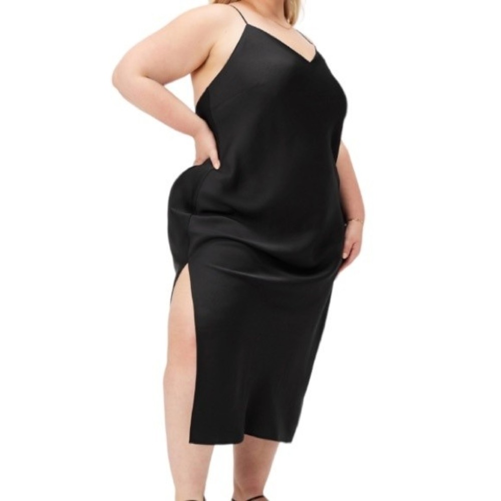 Fabletics Black Slip Dress Midi Slit Tie Back Spaghetti Strap Slinky Sexy 3X
